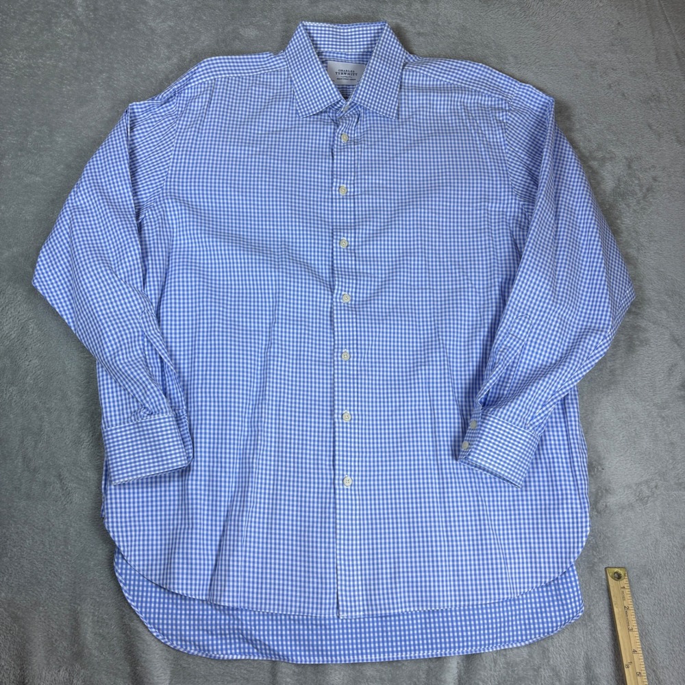 Charles Tyrwhitt Shirts Men 18/37 Gingham Spread Collar Blue White Business